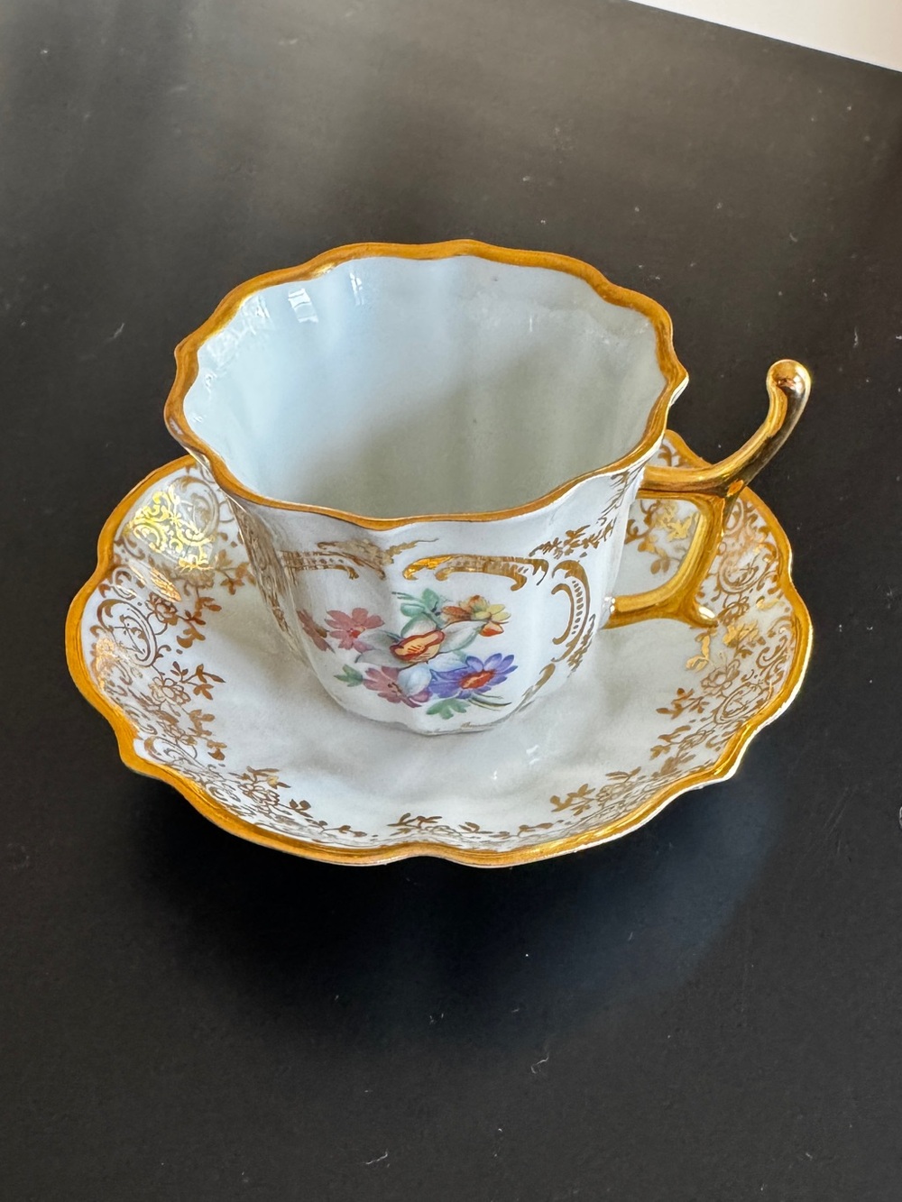 Vintage Limoges SA Porcelaine France Gold Floral Scalloped Teacup & Saucer